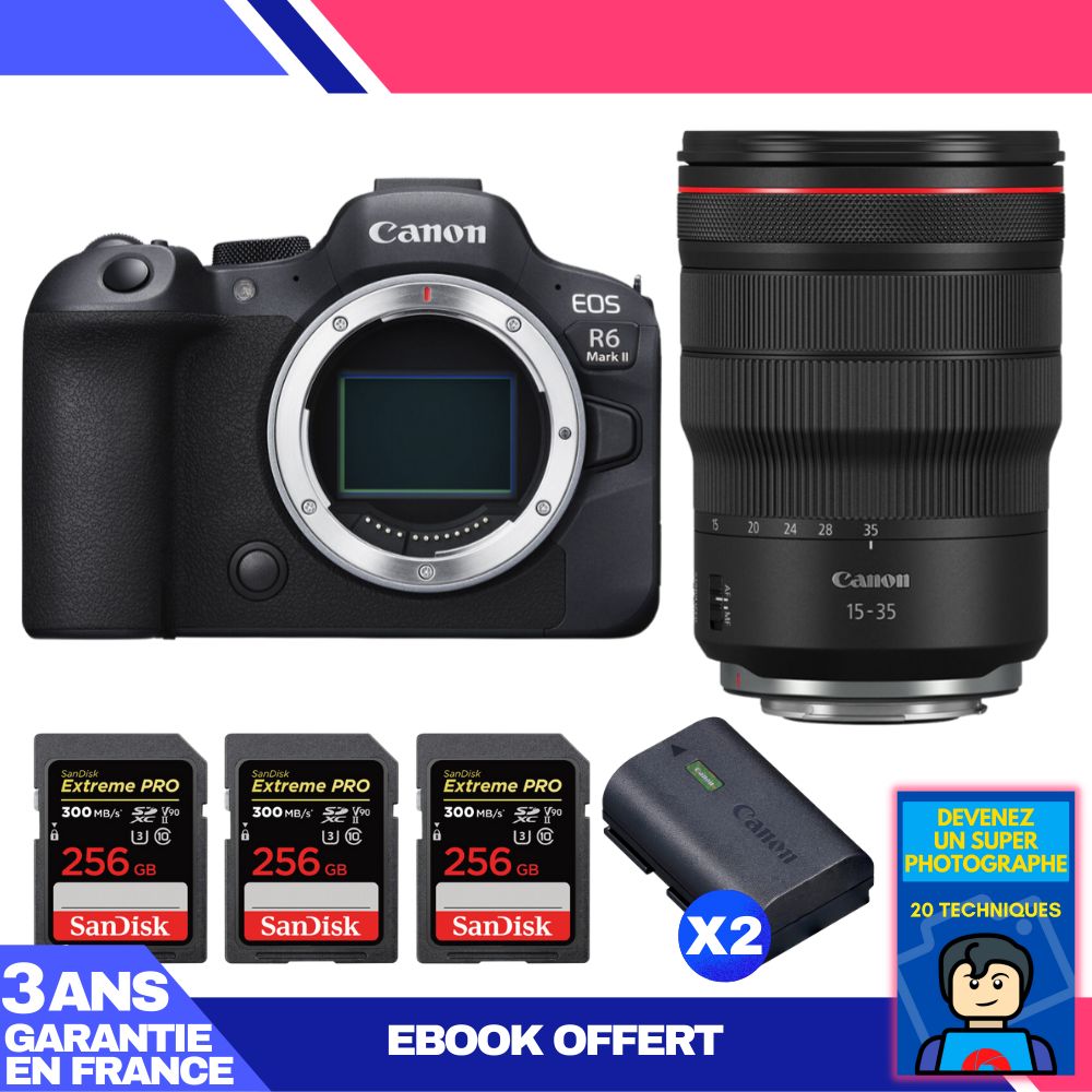 Canon EOS R6 Mark II + RF 15-35mm f/2.8 L IS USM Lens + 3 SanDisk 256GB Extreme PRO UHS-II SDXC Cards + 2 Canon LP-E6NH Batteries + 'Become a Super Photographer' Ebook