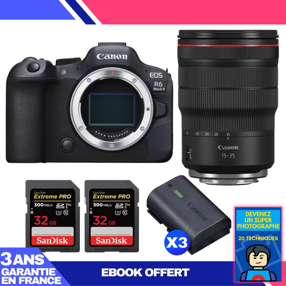 Cámara Canon EOS R6 Mark II + Objetivo RF 15-35mm f/2.8 L IS USM + 3 Tarjetas SanDisk 32GB Extreme PRO UHS-II SDXC 300 MB/s + 3 Baterías Canon LP-E6NH + Ebook 'Conviértase en un Fotógrafo Super'