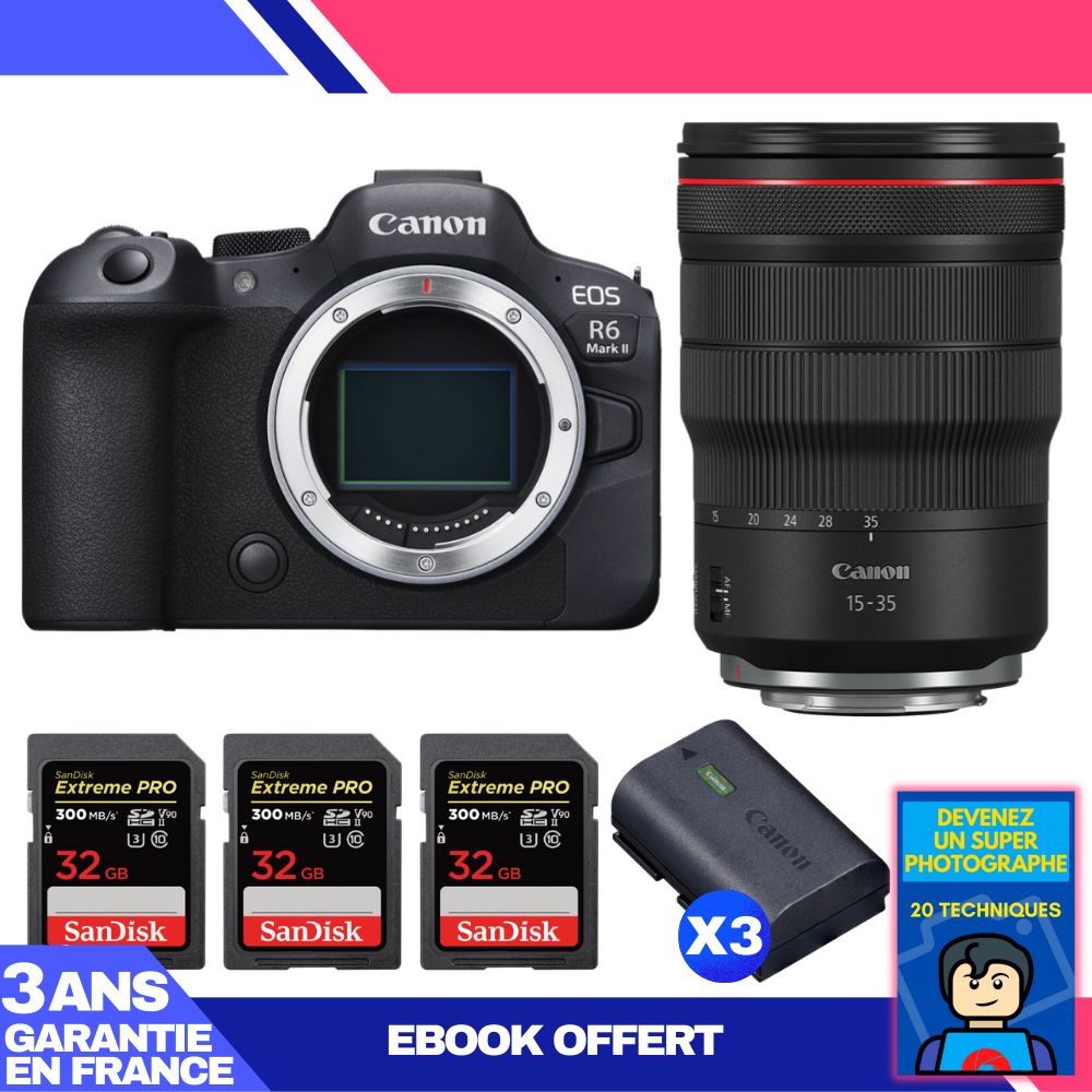 Canon EOS R6 Mark II Body + RF 15-35mm f/2.8 L IS USM Lens + 3 SanDisk 32GB Extreme PRO UHS-II SDXC Memory Cards + 3 Canon LP-E6NH Batteries + Ebook 'Become a Super Photographer'