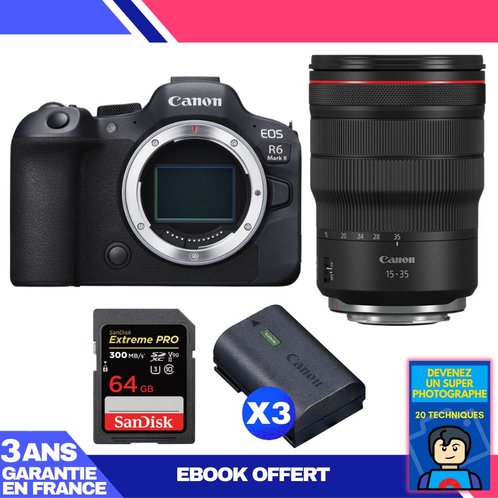 Canon EOS R6 Mark II + RF 15-35mm f/2.8 L IS USM + 1 SanDisk 64GB Extreme PRO UHS-II SDXC Card + 3 Canon LP-E6NH Battery + 'Become a Super Photographer' Ebook