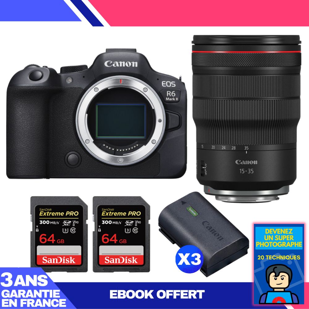 Canon EOS R6 Mark II + RF 15-35mm f/2.8 L IS USM Lens + 2 SanDisk 64GB Extreme PRO UHS-II SDXC Cards + 3 Canon LP-E6NH Batteries + 'Become a Super Photographer' Ebook