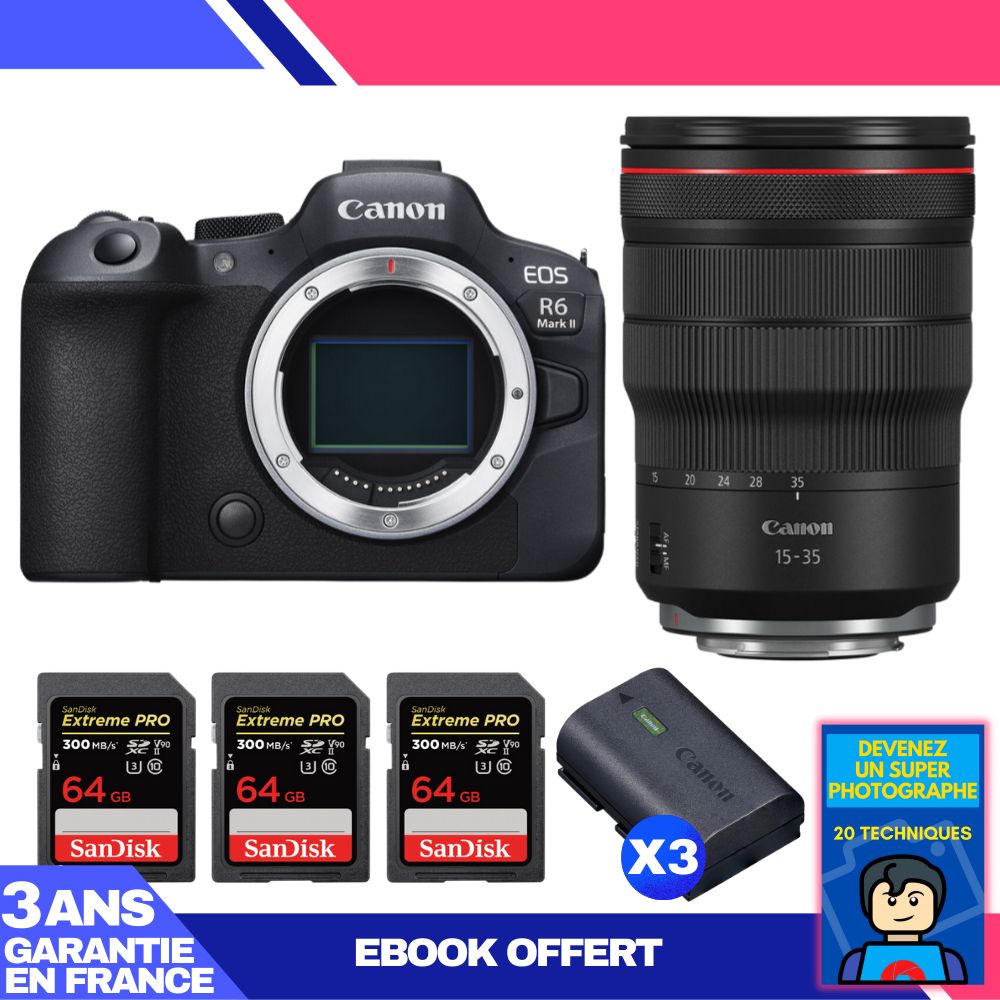 Canon EOS R6 Mark II + Objectif RF 15-35mm f/2.8 L IS USM + 3 x Cartes SD 64 Go SanDisk Extreme PRO UHS-II + 3 x Batteries Canon LP-E6NH + Ebook 'Devenez un Photographe Super'