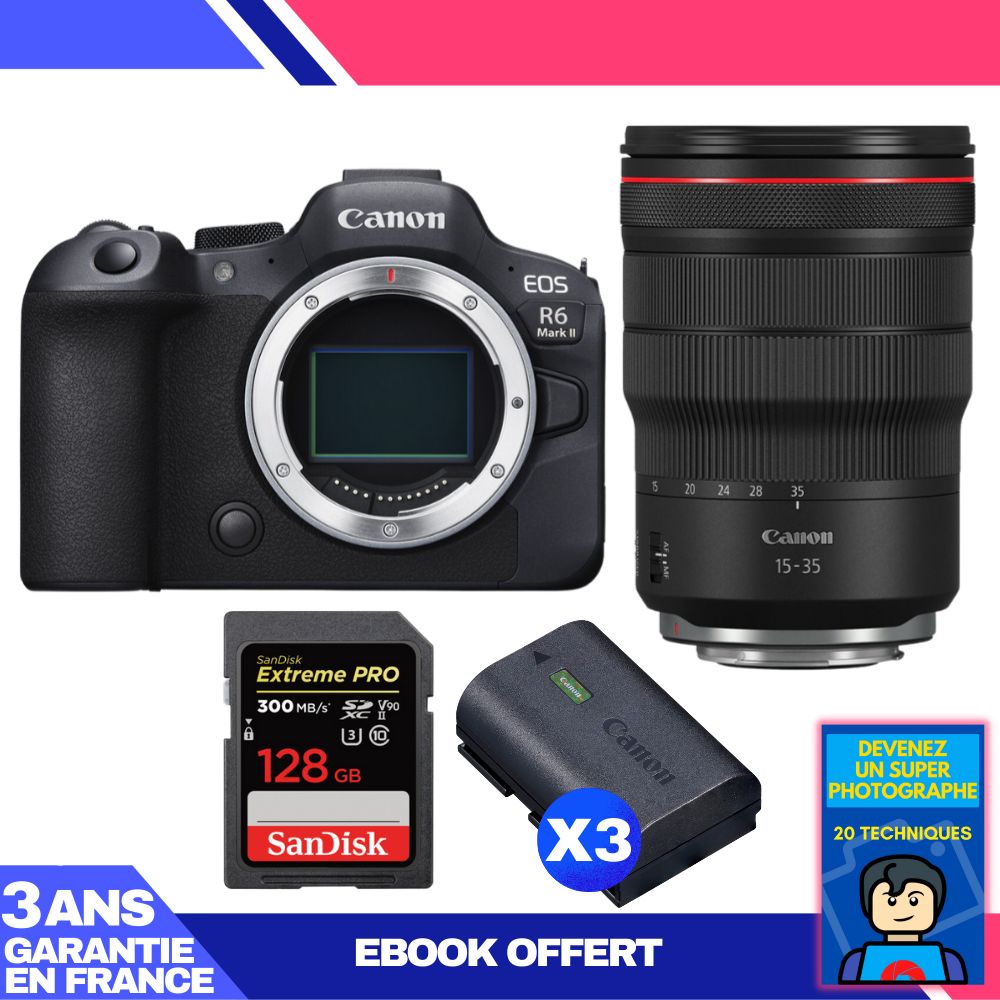 Canon EOS R6 Mark II + RF 15-35mm f/2.8 L IS USM Lens + 1 SanDisk 128GB Extreme PRO UHS-II SDXC Card + 3 Canon LP-E6NH Batteries + 'Become a Super Photographer' Ebook