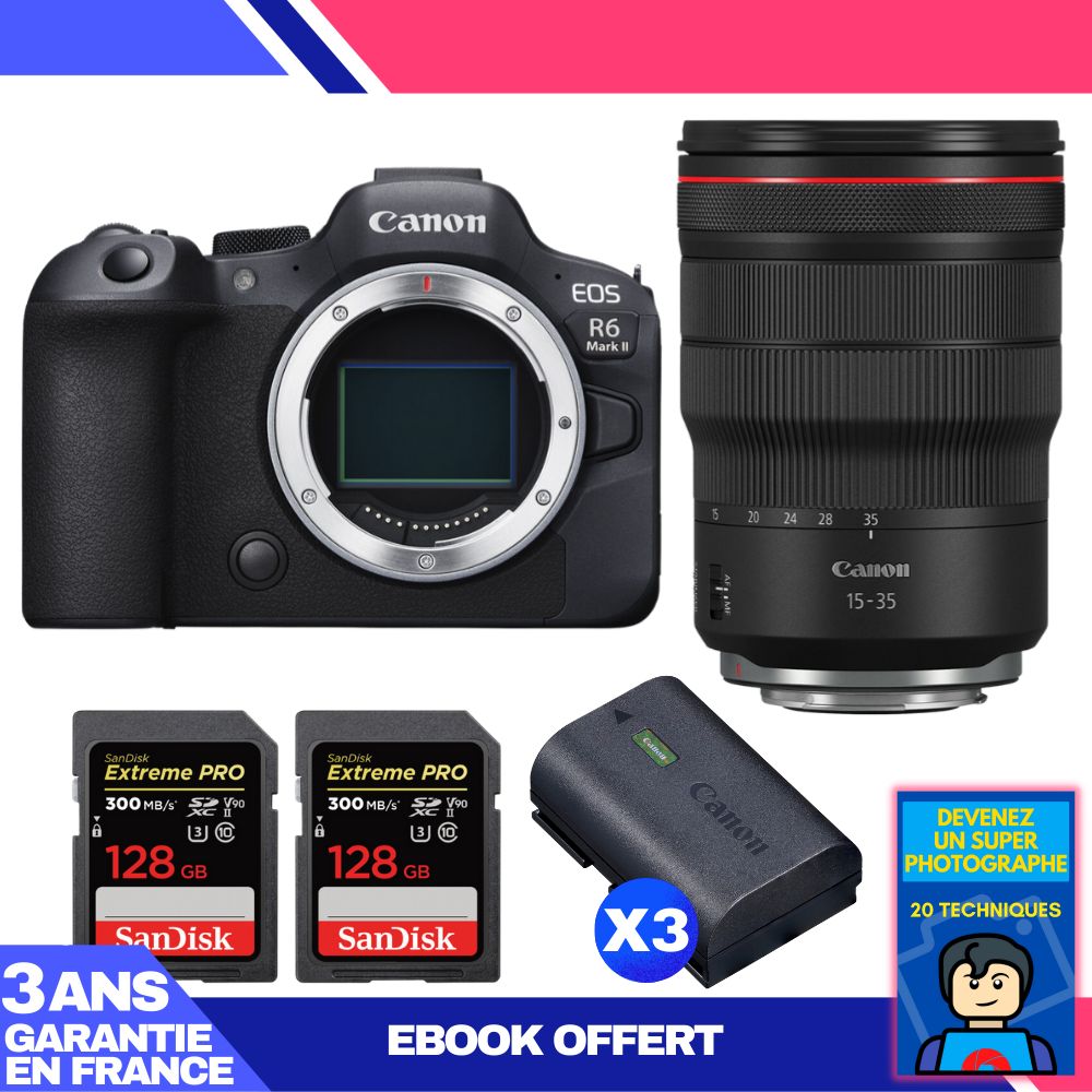 Canon EOS R6 Mark II + RF 15-35mm f/2.8 L IS USM Lens + 2 SanDisk 128GB Extreme PRO UHS-II SDXC Cards + 3 Canon LP-E6NH Batteries + 'Become a Super Photographer' Ebook