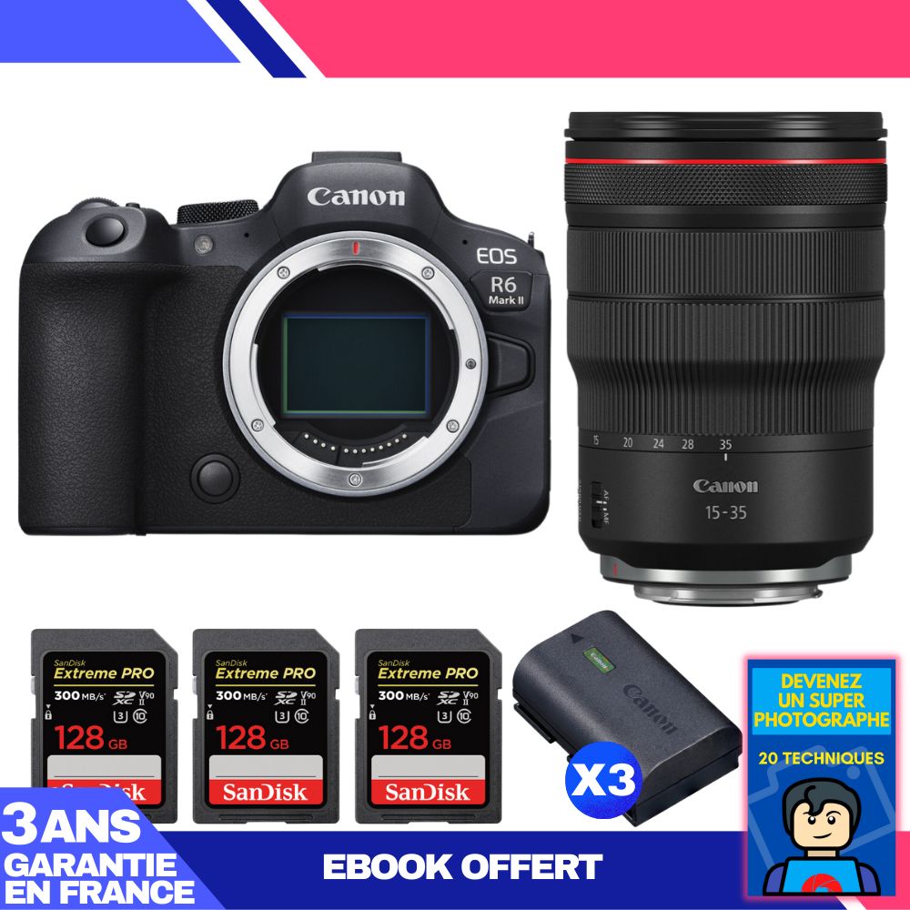 Canon EOS R6 Mark II + RF 15-35mm f/2.8 L IS USM Lens + 3x 128GB SanDisk Extreme PRO UHS-II SDXC Cards + 3x Canon LP-E6NH Batteries + 'Become a Super Photographer' Ebook