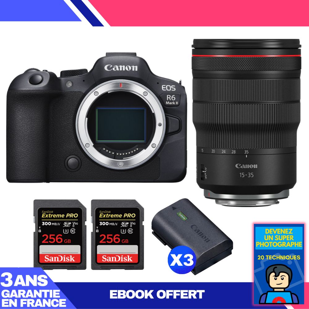 Canon EOS R6 Mark II + RF 15-35mm f/2.8 L IS USM + 2 SanDisk 256GB Extreme PRO UHS-II SDXC + 3 Canon LP-E6NH