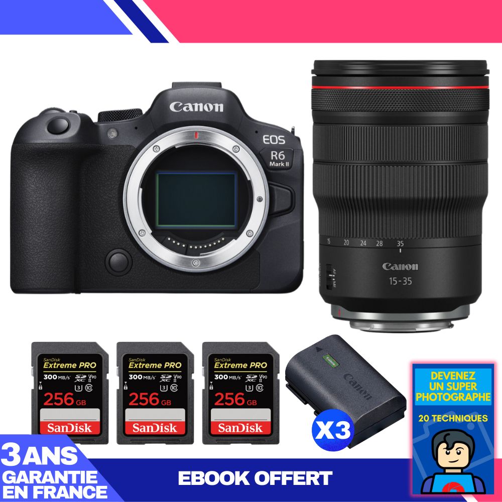 Canon EOS R6 Mark II + RF 15-35mm f/2.8 L IS USM Lens + 3x 256GB SanDisk Extreme PRO UHS-II SDXC Cards + 3x Canon LP-E6NH Batteries + 'Become a Super Photographer' Ebook