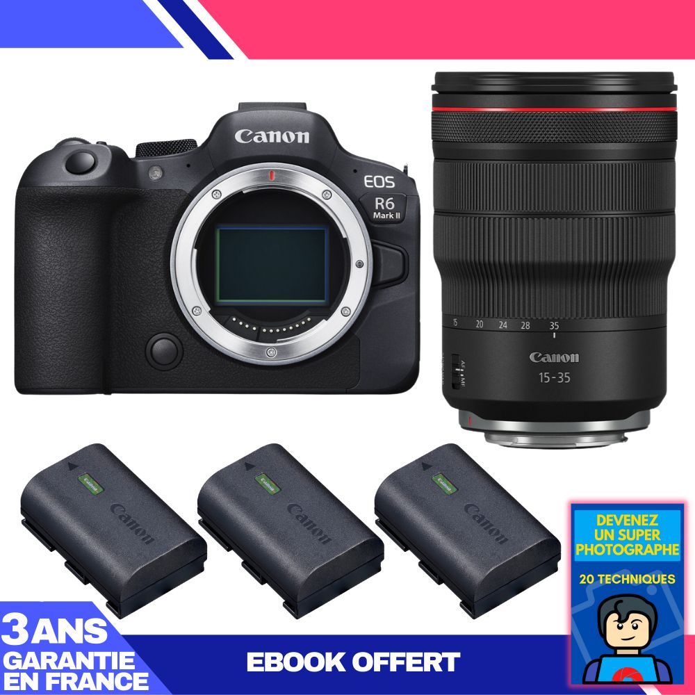 Canon EOS R6 Mark II + RF 15-35mm f/2.8 L IS USM Lens + 3 Canon LP-E6NH Batteries + 'Become a Super Photographer' Ebook