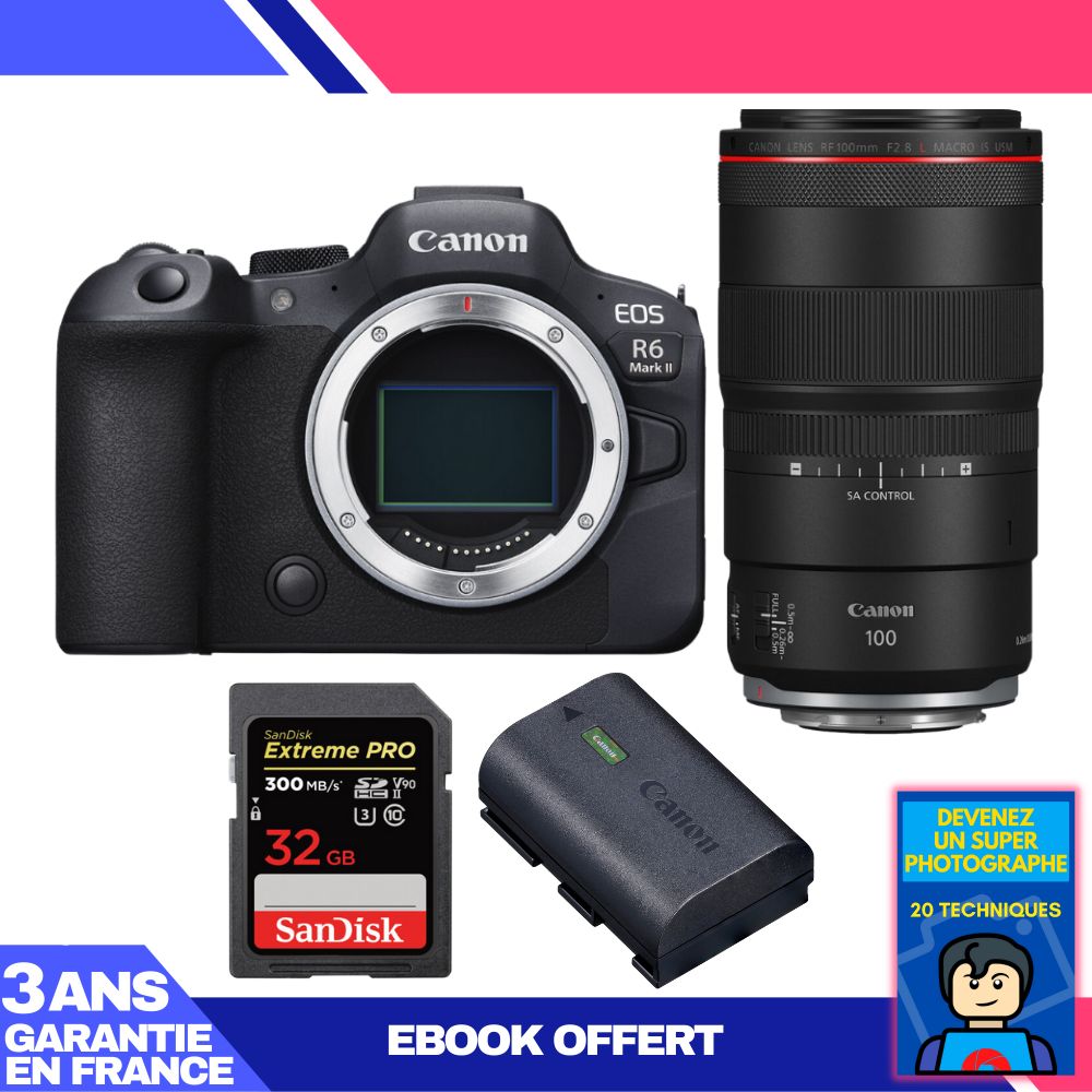 Canon EOS R6 Mark II + RF 100mm f/2.8L Macro IS USM Lens + 2x 32GB SanDisk Extreme PRO UHS-II SDXC Cards + Canon LP-E6NH Battery + 'Become a Super Photographer' Ebook