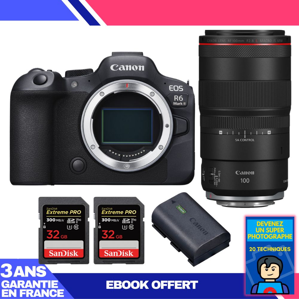 Canon EOS R6 Mark II Camera + RF 100mm f/2.8 L Macro IS USM Lens + 2 SanDisk 32GB Extreme PRO UHS-II SDXC Cards + Canon LP-E6NH Battery + 'Become a Super Photographer' Ebook