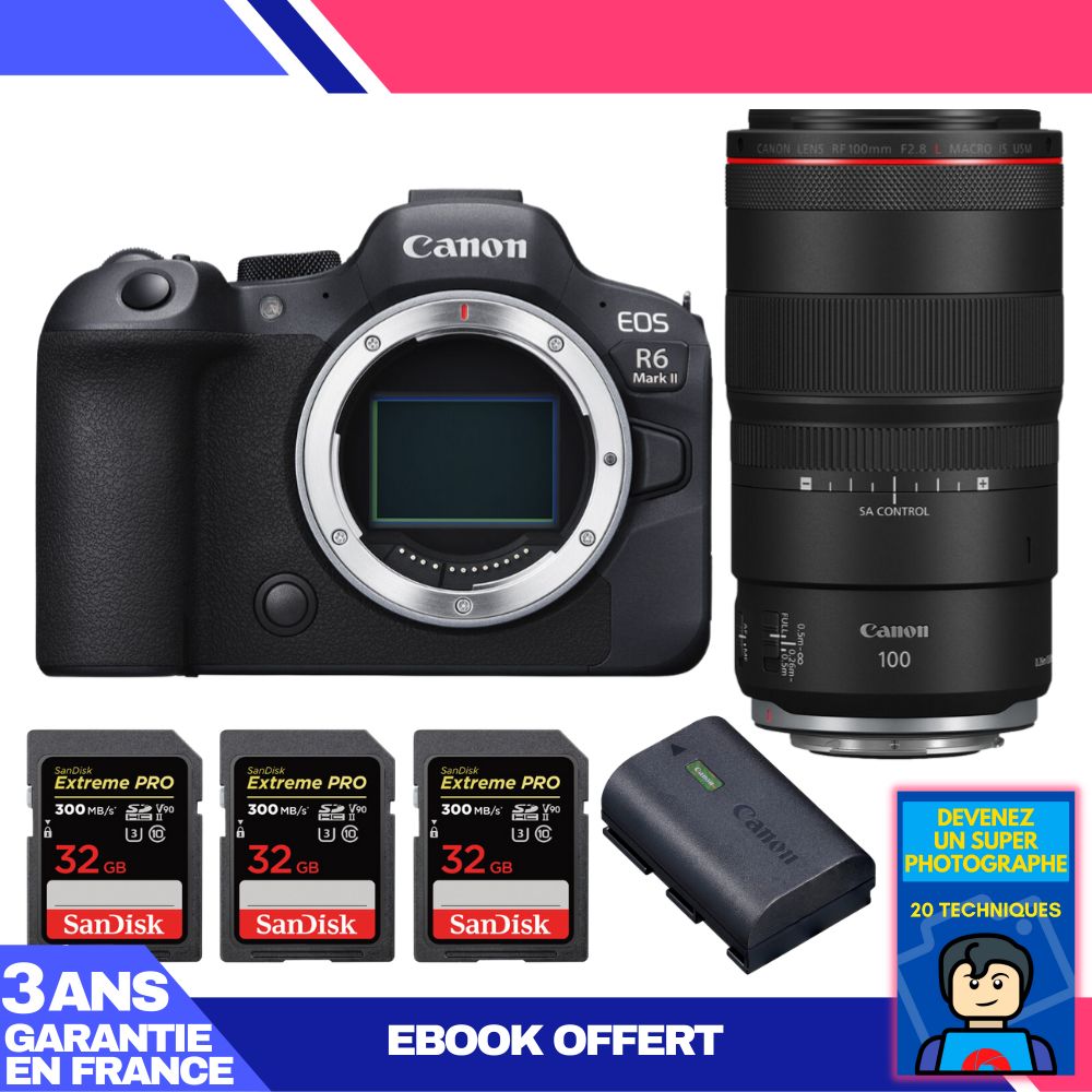 Canon EOS R6 Mark II + RF 100mm f/2.8 L Macro IS USM Lens + 3 SanDisk 32GB Extreme PRO UHS-II SDXC Cards + Canon LP-E6NH Battery + 'Become a Super Photographer' Ebook
