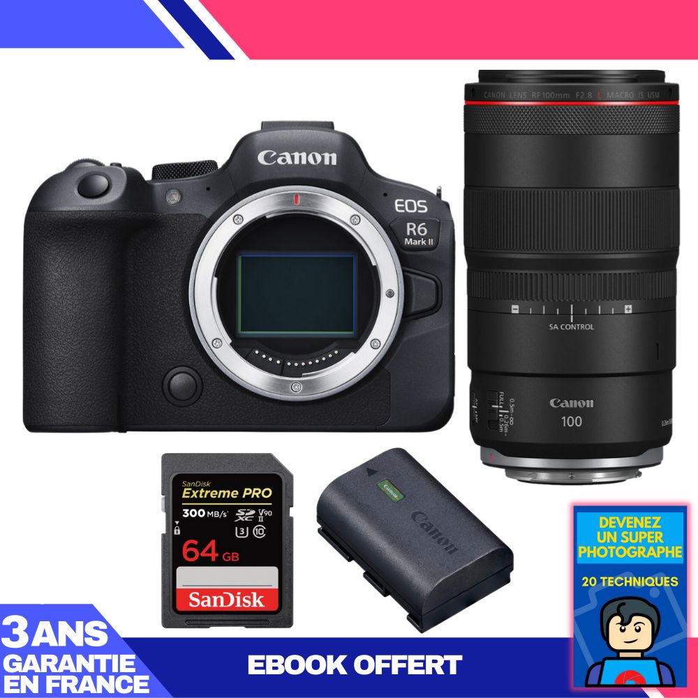 Canon EOS R6 Mark II + RF 100mm f/2.8 L Macro IS USM Lens + 1 SanDisk 64GB Extreme PRO UHS-II SDXC Card + 1 Canon LP-E6NH Battery (Ebook 'Devenez Un Super Photographe Included)
