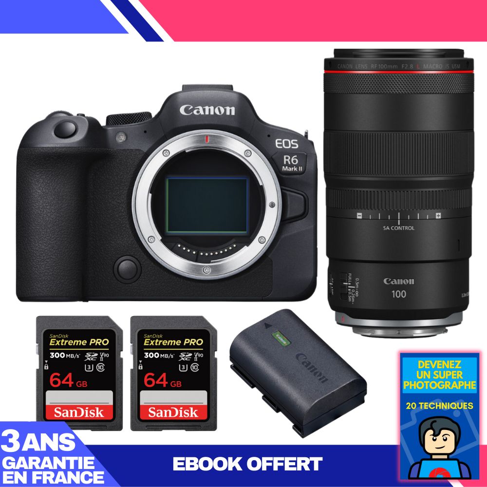Canon EOS R6 Mark II + RF 100mm f/2.8 L Macro IS USM + 2 SanDisk 64GB Extreme PRO UHS-II SDXC + LP-E6NH Battery + 'Devenez Un Super Photographe Ebook