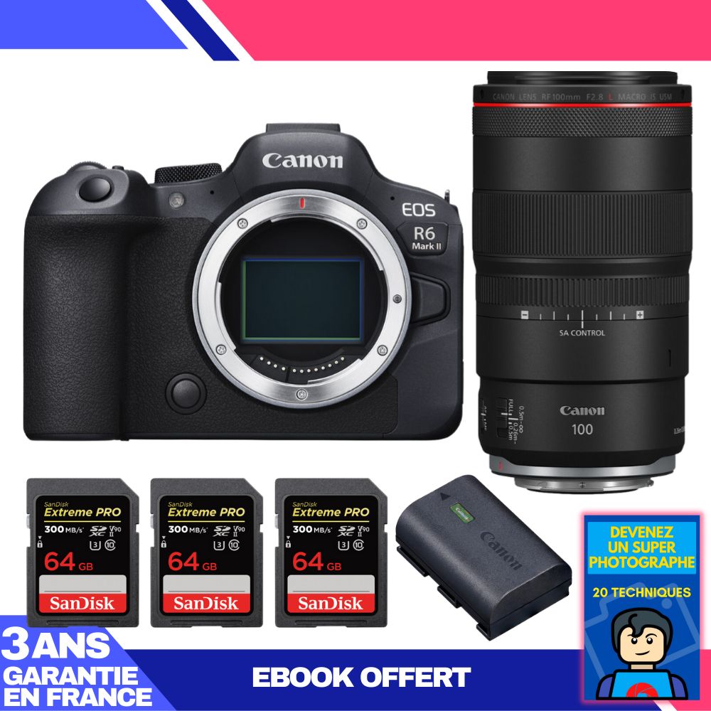 Canon EOS R6 Mark II + RF 100mm f/2.8 L Macro IS USM Lens + 3 SanDisk 64GB Extreme PRO UHS-II SDXC Cards + 1 Canon LP-E6NH Battery + 'Become a Super Photographer' Ebook