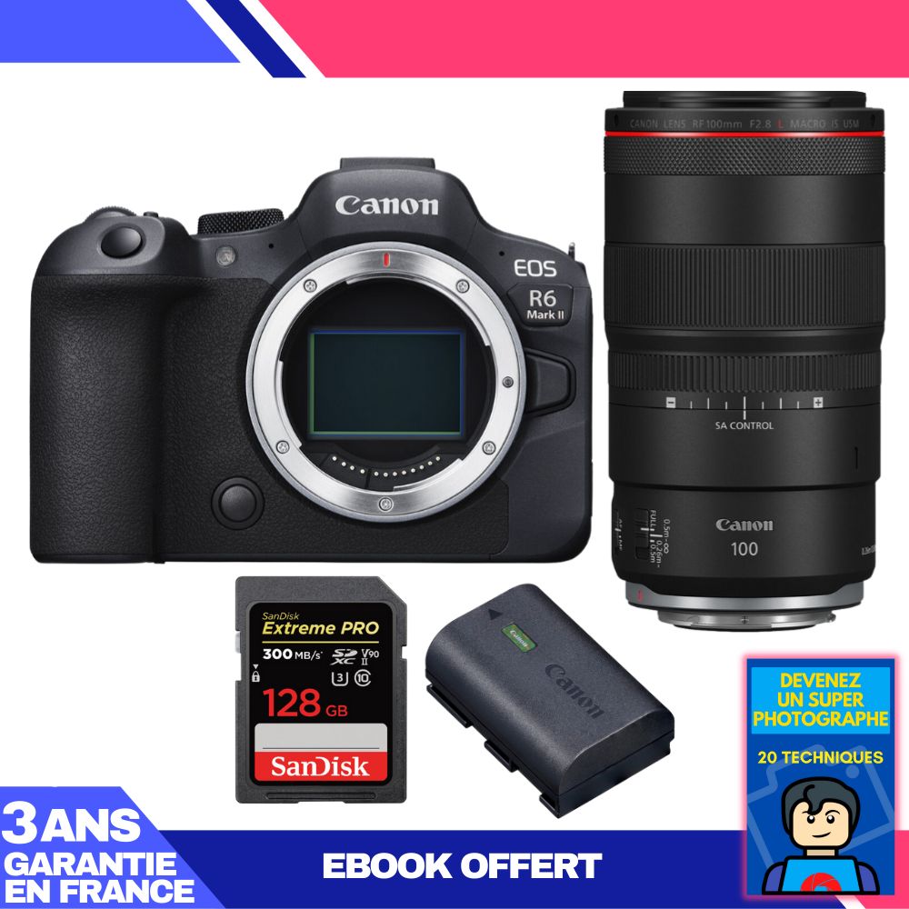 Canon EOS R6 Mark II + RF 100mm f/2.8 L Macro IS USM + 1 SanDisk 128GB Extreme PRO UHS-II SDXC 300MB/s + 1 Canon LP-E6NH + Ebook 'Devenez Un Super Photographe
