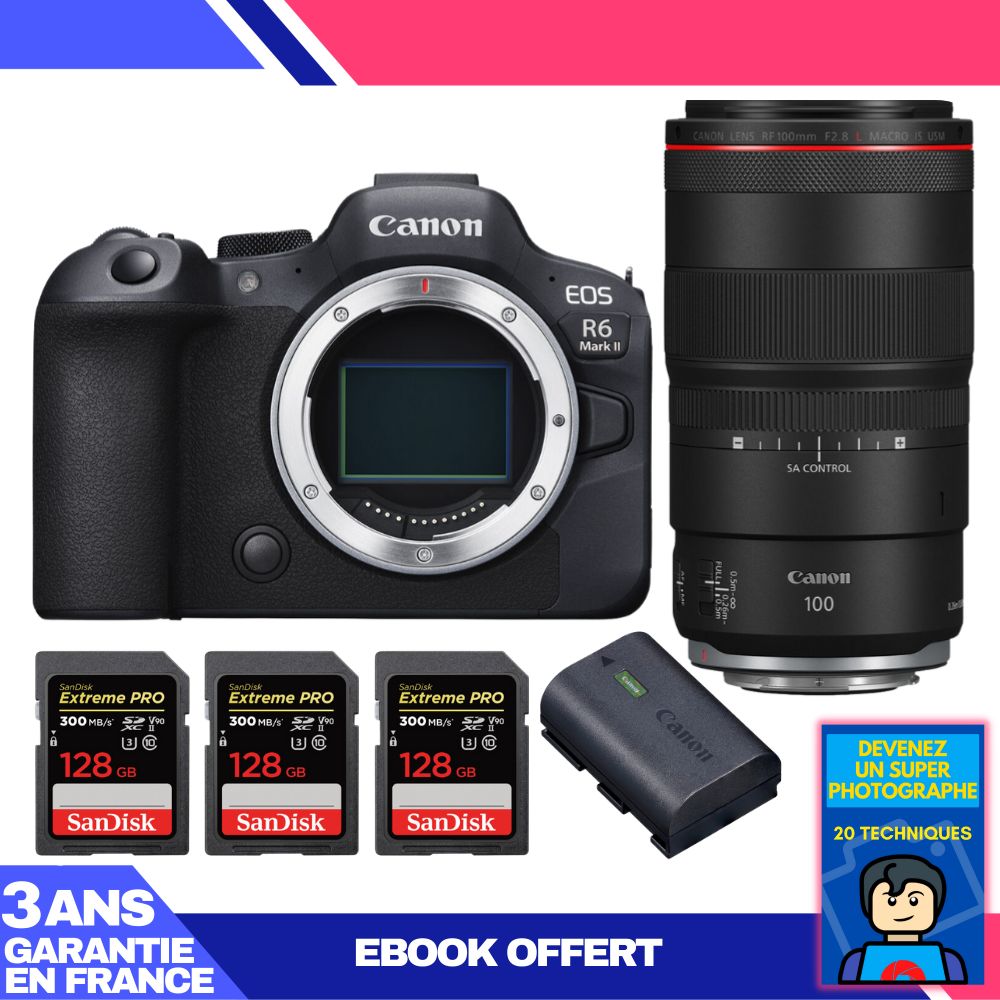 Canon EOS R6 Mark II + RF 100mm f/2.8 L Macro IS USM + 3 SanDisk 128GB Extreme PRO UHS-II SDXC + 1 Canon LP-E6NH + Ebook 'Devenez Un Super Photographe',