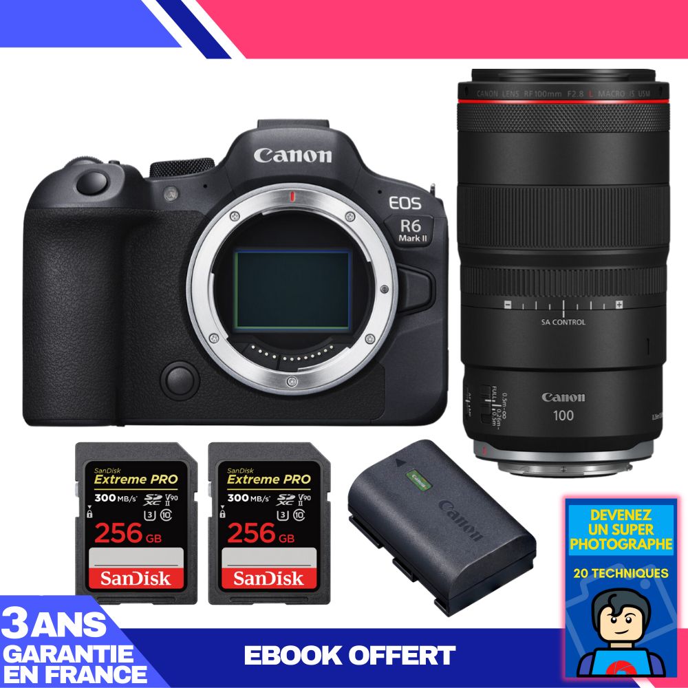 Canon EOS R6 Mark II + RF 100mm f/2.8 L Macro IS USM + 2x SanDisk 256GB Extreme PRO UHS-II SDXC 300MB/s + Canon LP-E6NH + Ebook 'Devenez Un Super Photographe'