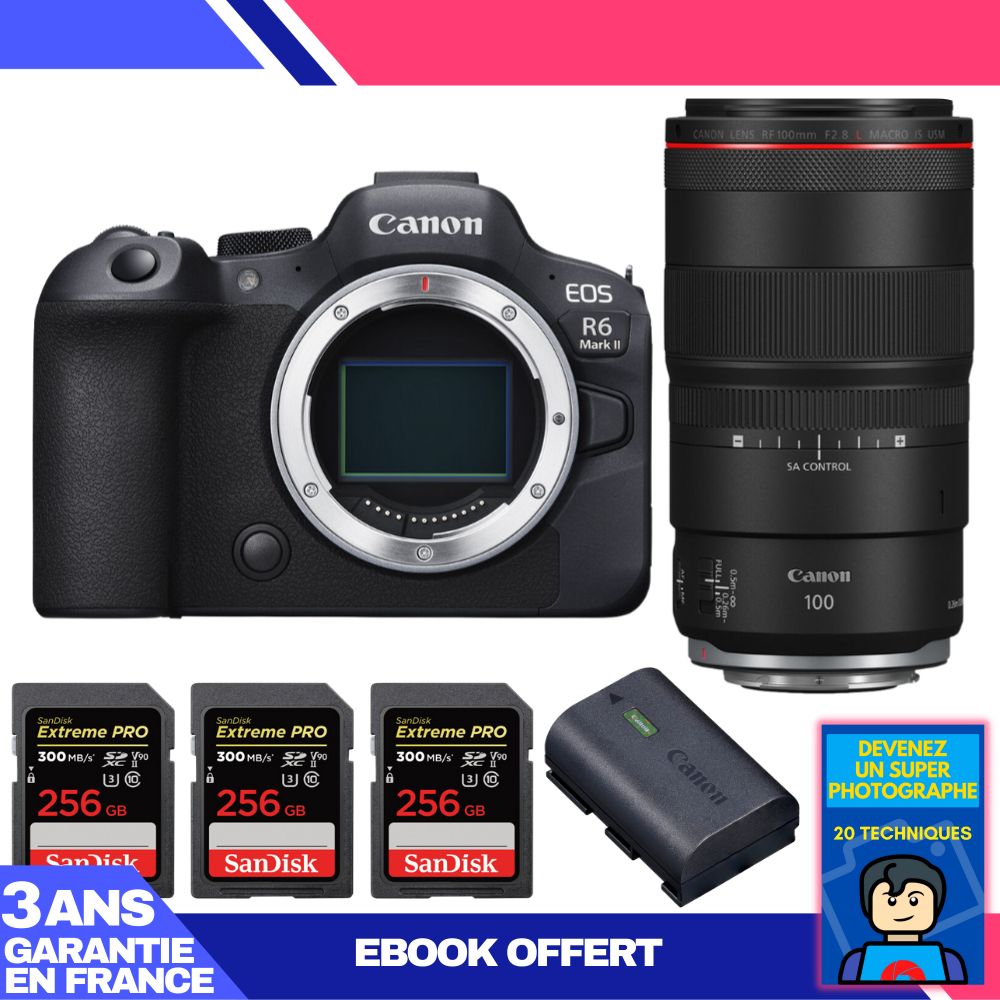Canon EOS R6 Mark II + RF 100mm f/2.8 L Macro IS USM Lens + 3 SanDisk 256GB Extreme PRO UHS-II SDXC Cards + Canon LP-E6NH Battery + 'Become a Super Photographer' Ebook