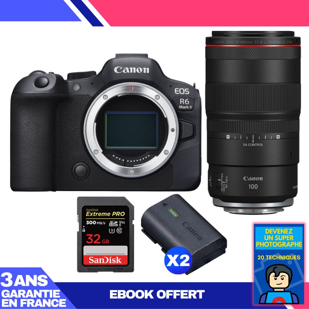 Canon EOS R6 Mark II + RF 100mm f/2.8 L Macro IS USM Lens + 1 SanDisk 32GB Extreme PRO UHS-II SDXC Card + 2 Canon LP-E6NH Batteries + 'Become a Super Photographer' Ebook