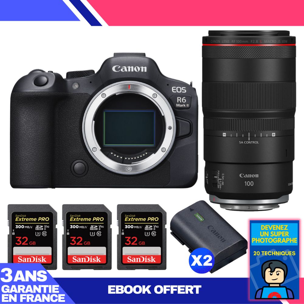 Canon EOS R6 Mark II + RF 100mm f/2.8 L Macro IS USM Lens + 3x SanDisk 32GB Extreme PRO UHS-II SDXC Cards + 2x Canon LP-E6NH Batteries + 'Become a Super Photographer' Ebook