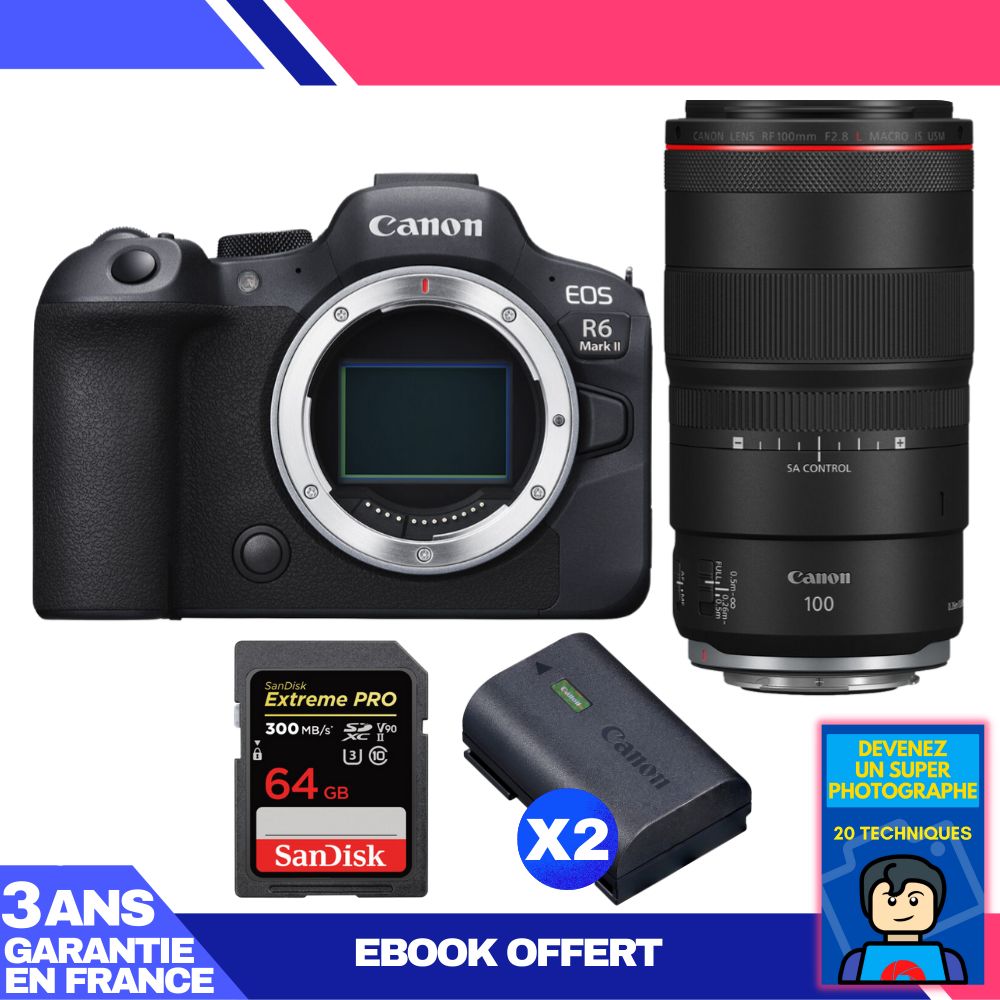 Canon EOS R6 Mark II + RF 100mm f/2.8 L Macro IS USM + 1 SanDisk 64GB Extreme PRO UHS-II SDXC + 2 Canon LP-E6NH