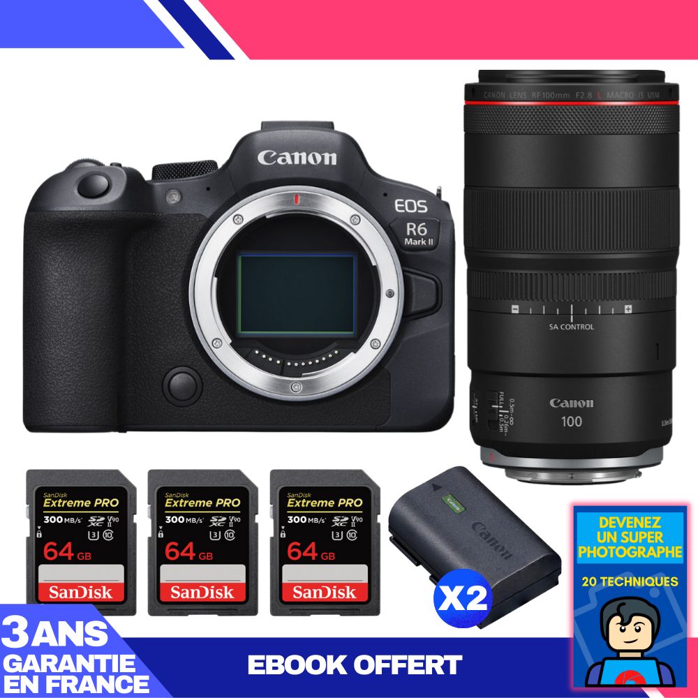 Canon EOS R6 Mark II Camera + RF 100mm f/2.8 L Macro IS USM Lens + 3 SanDisk 64GB Extreme PRO UHS-II SDXC Cards + 2 Canon LP-E6NH Batteries + 'Become a Super Photographer' Ebook