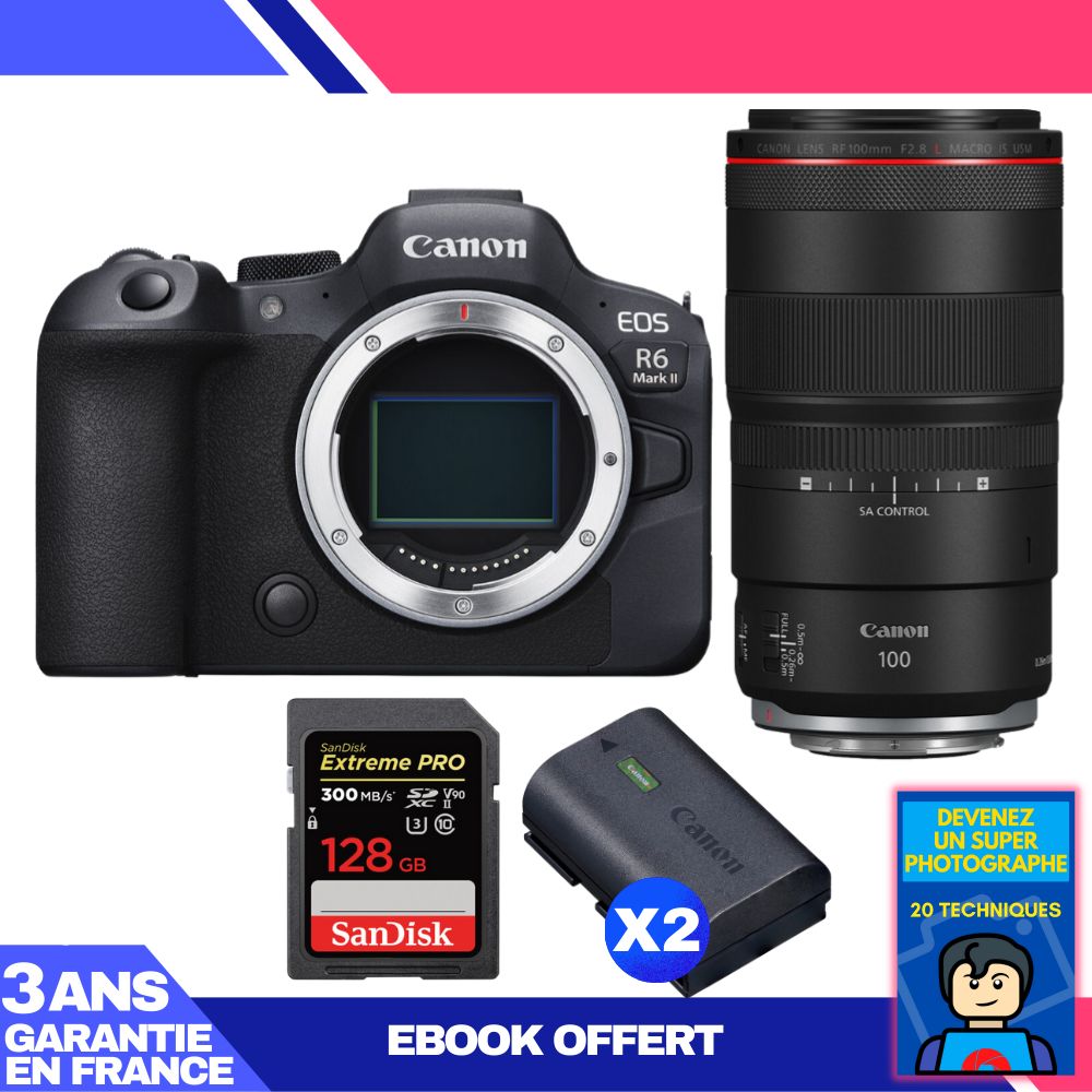 Canon EOS R6 Mark II + RF 100mm f/2.8 L Macro IS USM + 1 SanDisk 128GB Extreme PRO UHS-II SDXC 300MB/s + 2 Canon LP-E6NH + Ebook 'Devenez Un Super Photographe