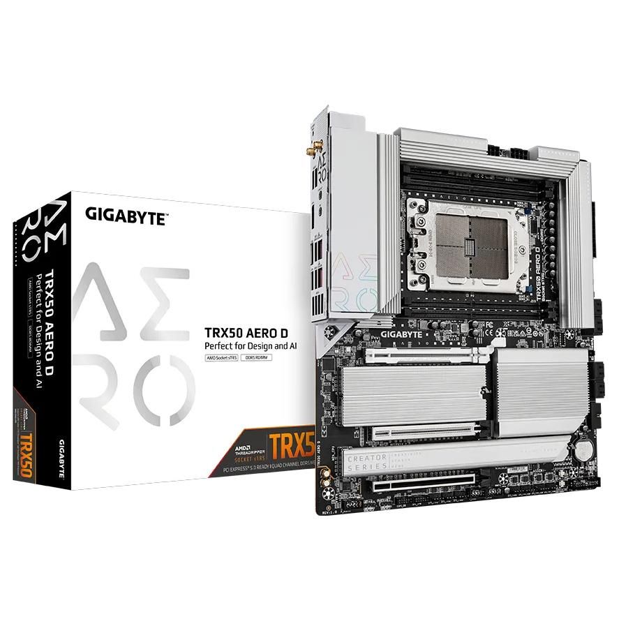 Carte mère Gigabyte TRX50 AERO D - Compatible avec les processeurs AMD Ryzen Threadripper 9000, VRM numérique à 16+8+4 phases, jusqu'à 7800MHz DDR5 (OC), 3x PCIe 5.0 + 1x PCIe 4.0 M.2, Wi-Fi 7, LAN 10GbE, USB4