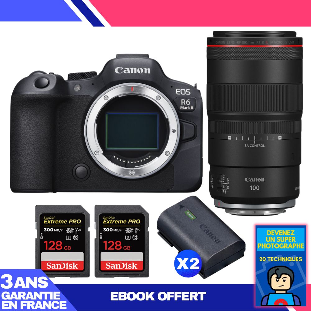 Canon EOS R6 Mark II + RF 100mm f/2.8 L Macro IS USM + 2 SanDisk 128GB Extreme PRO UHS-II SDXC 300MB/s + 2 Canon LP-E6NH + Ebook 'Devenez Un Super Photographe'
