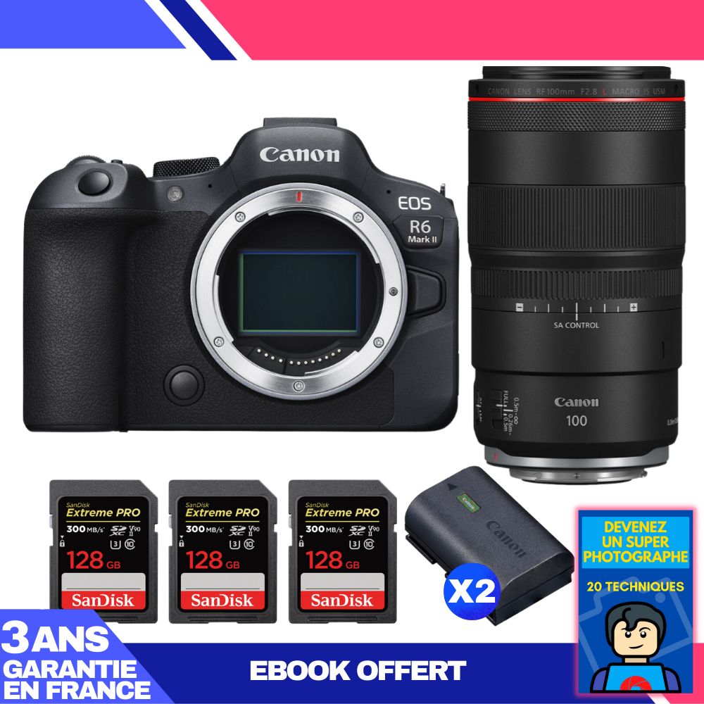 Canon EOS R6 Mark II + RF 100mm f/2.8 L Macro IS USM + 3 SanDisk 128GB Extreme PRO UHS-II SDXC + 2 Canon LP-E6NH