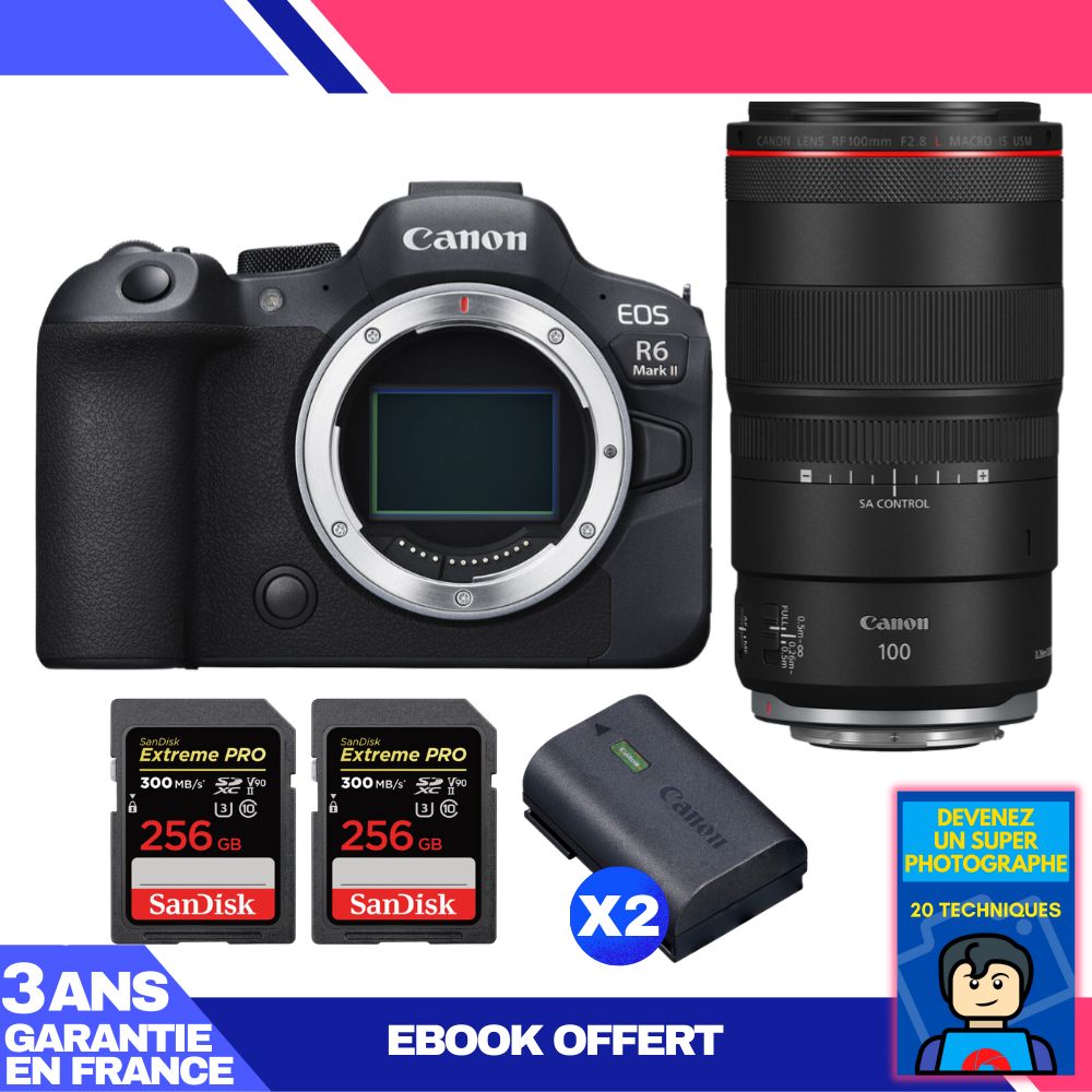 Canon EOS R6 Mark II + RF 100mm f/2.8 L Macro IS USM Lens + 2x 256GB SanDisk Extreme PRO UHS-II SDXC Cards + 2x Canon LP-E6NH Batteries + 'Become a Super Photographer' Ebook