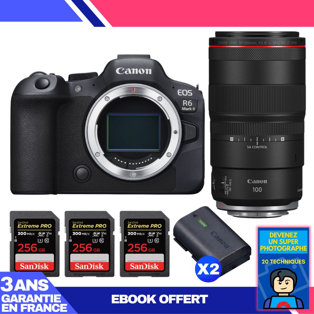 Canon EOS R6 Mark II + RF 100mm f/2.8 L Macro IS USM Lens + 3 SanDisk 256GB Extreme PRO UHS-II SDXC Cards + 2 Canon LP-E6NH Batteries + Ebook