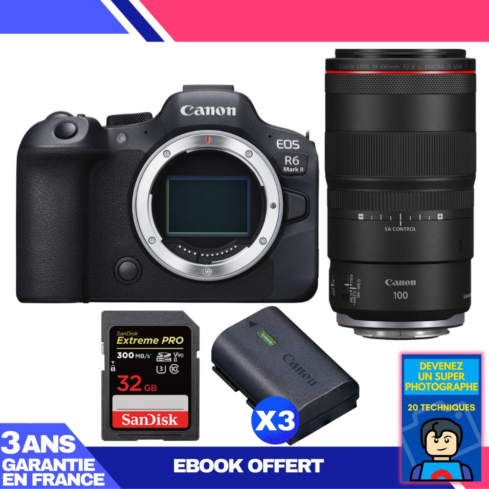 Canon EOS R6 Mark II + RF 100mm f/2.8 L Macro IS USM + 1 SanDisk 32GB Extreme PRO UHS-II SDXC Card + 3 Canon LP-E6NH + Ebook 'Devenez Un Super Photographe',