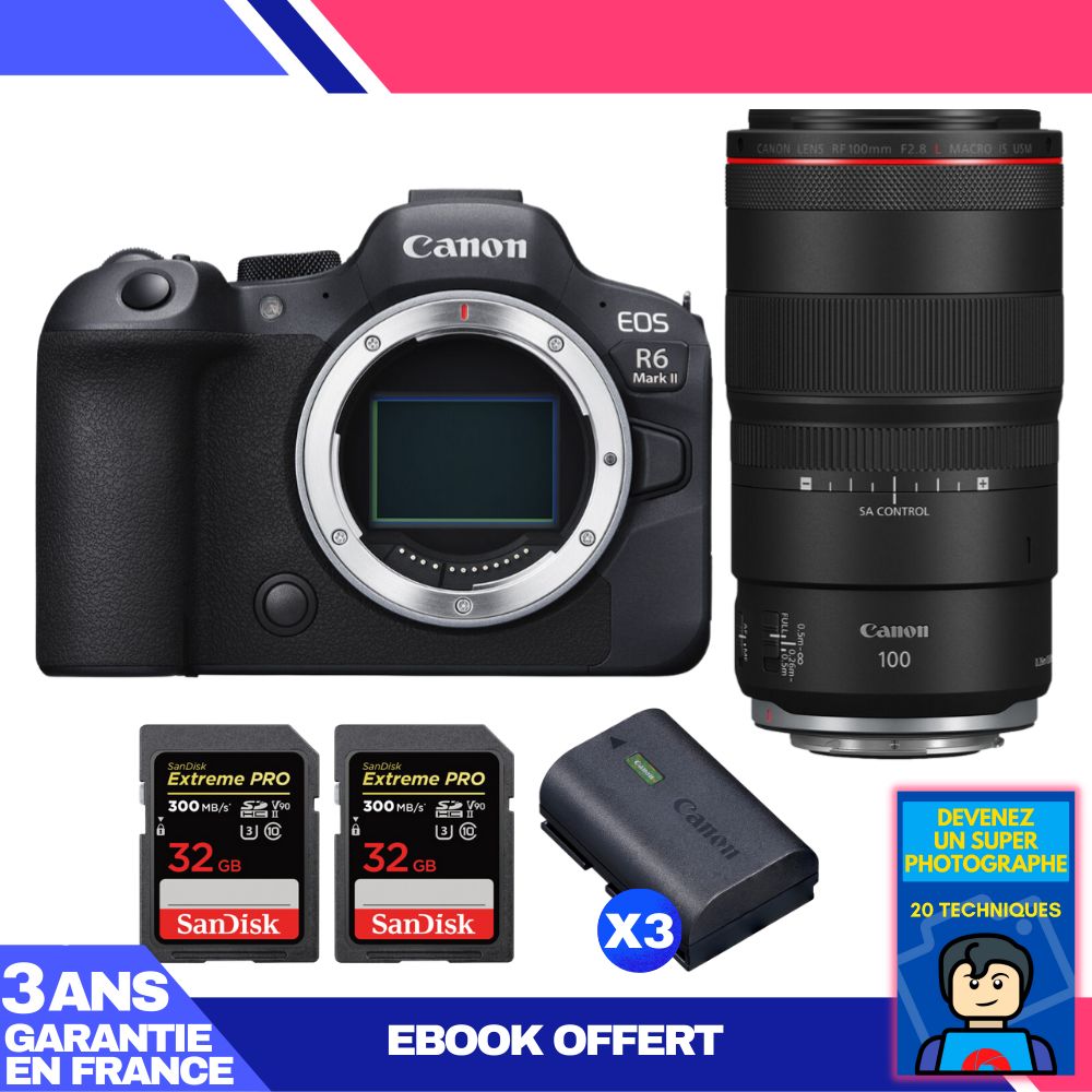 Canon EOS R6 Mark II + RF 100mm f/2.8 L Macro IS USM Lens + 3 SanDisk 32GB Extreme PRO UHS-II SDXC Cards + 3 Canon LP-E6NH Batteries + 'Become a Super Photographer' Ebook