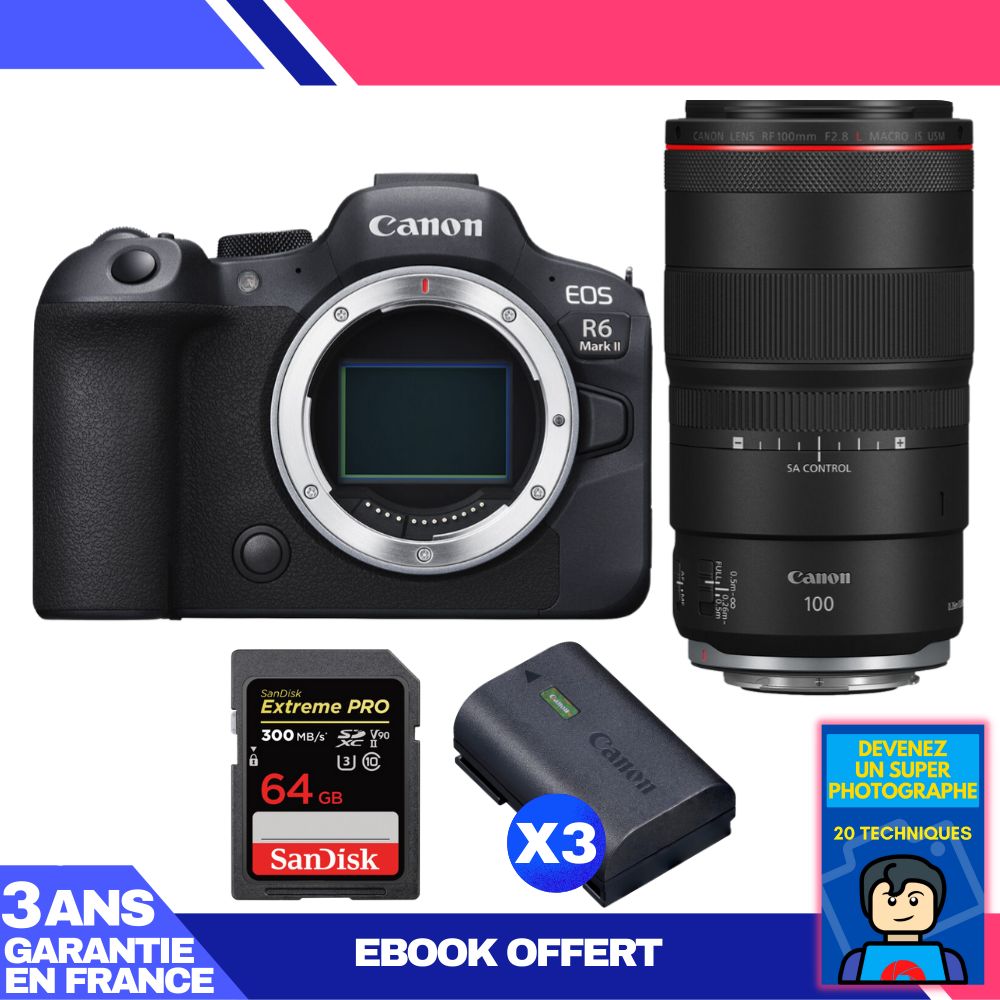 Canon EOS R6 Mark II + RF 100mm f/2.8 L Macro IS USM + 1 SanDisk 64GB Extreme PRO UHS-II SDXC Card + 3 Canon LP-E6NH