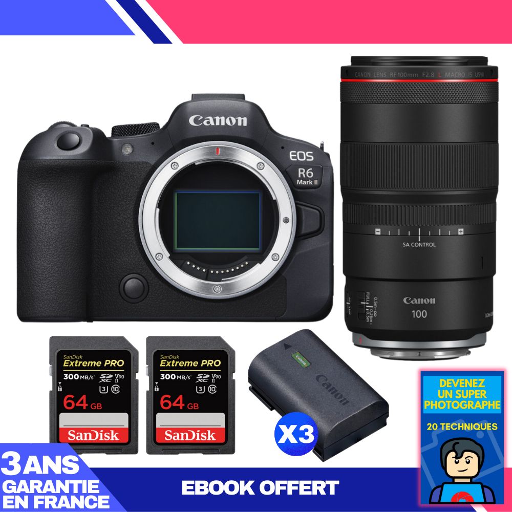 Canon EOS R6 Mark II Camera Kit with RF 100mm f/2.8L Macro IS USM Lens + 2x SanDisk 64GB Extreme PRO UHS-II SDXC Memory Cards + 3x Canon LP-E6NH Batteries + 'Become a Super Photographer' Ebook