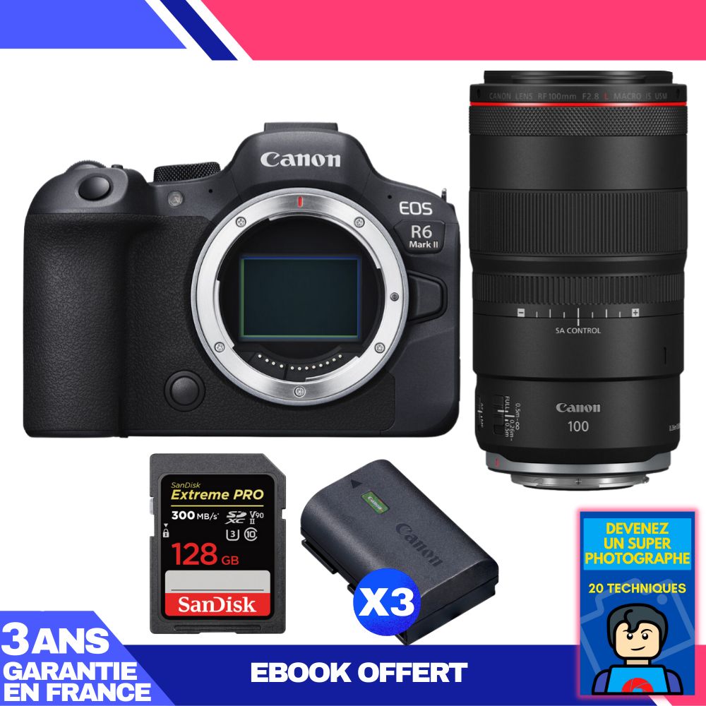 Canon EOS R6 Mark II + RF 100mm f/2.8 L Macro IS USM + 1 SanDisk 128GB Extreme PRO UHS-II SDXC Card + 3 Canon LP-E6NH (Ebook 'Devenez Un Super Photographe included)