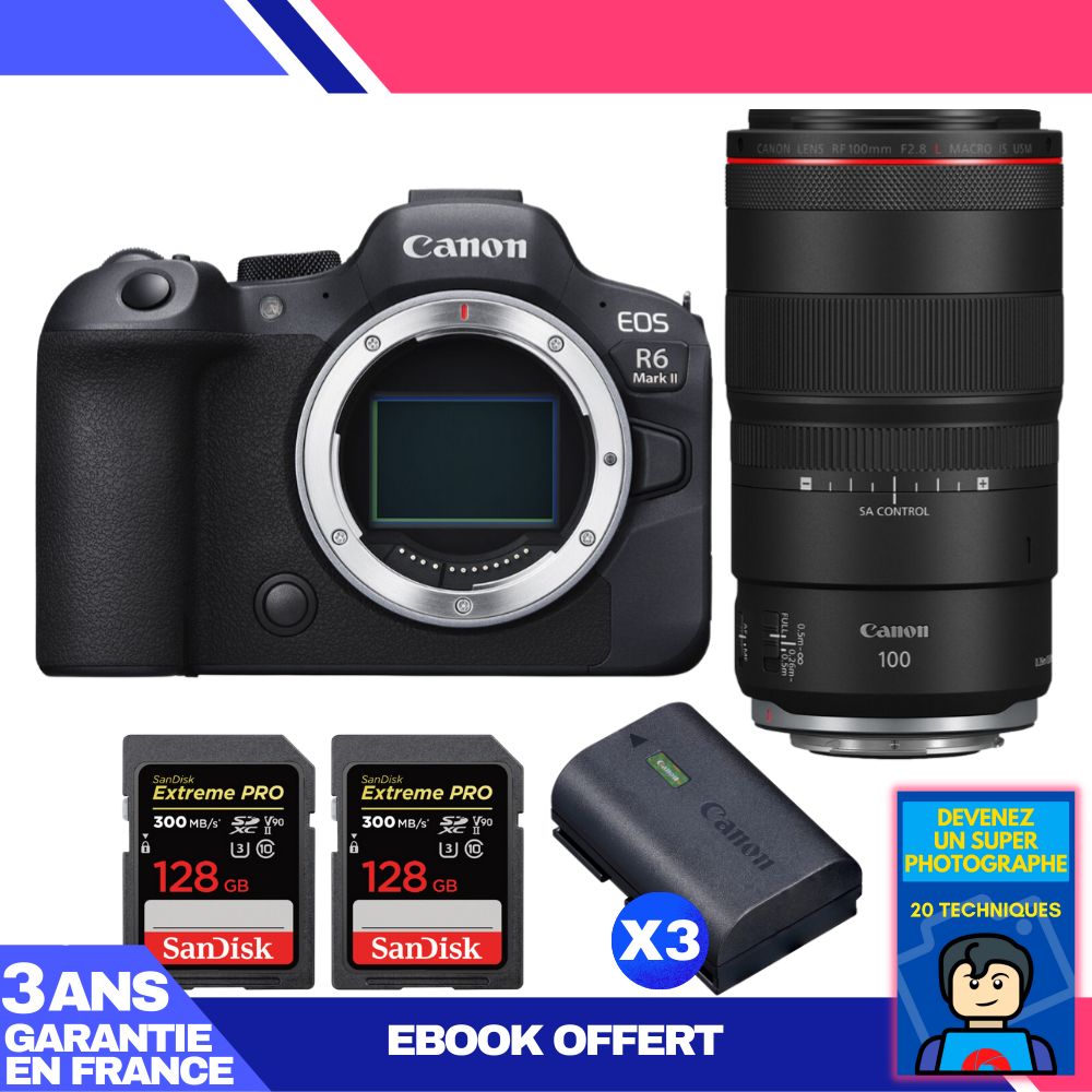 Canon EOS R6 Mark II + RF 100mm f/2.8 L Macro IS USM Lens + 2 SanDisk 128GB Extreme PRO UHS-II SDXC Cards + 3 Canon LP-E6NH Batteries + 'Become a Super Photographer' Ebook