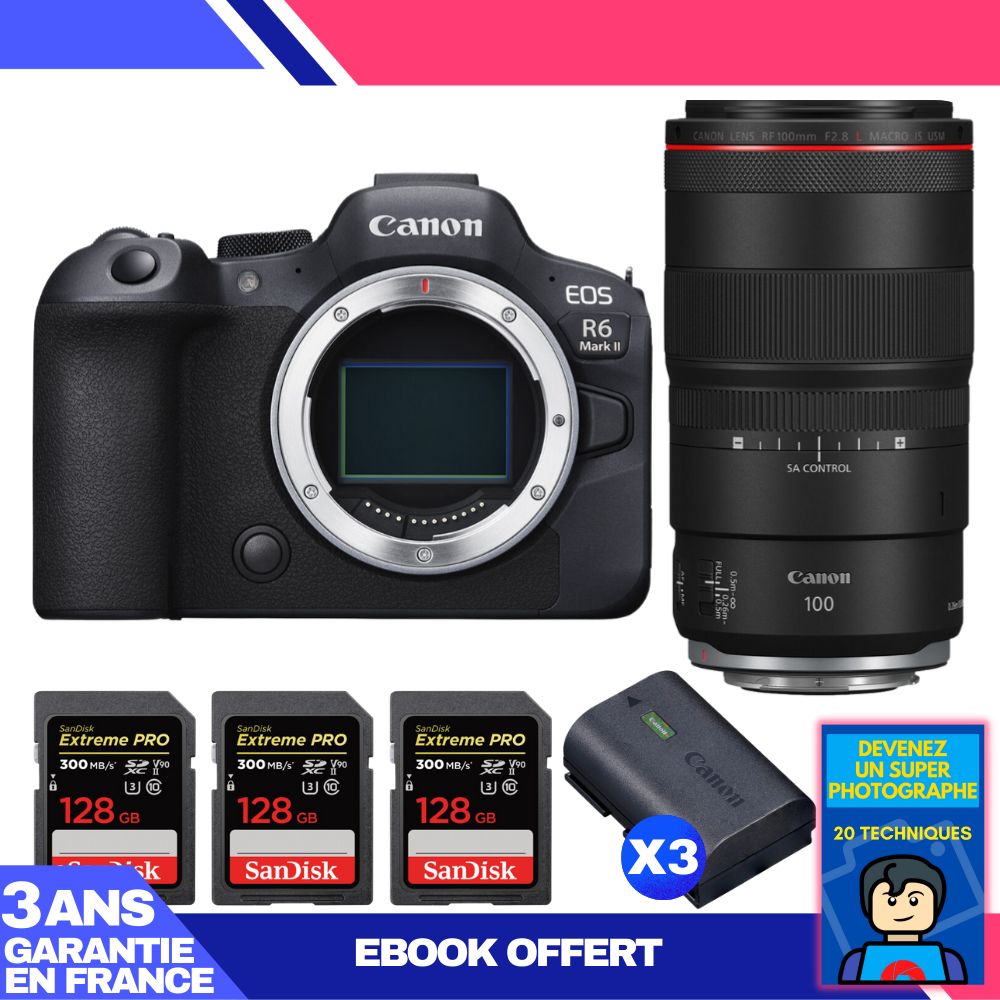 Canon EOS R6 Mark II + RF 100mm f/2.8 L Macro IS USM Lens + 3x SanDisk 128GB Extreme PRO UHS-II SDXC Cards + 3 Canon LP-E6NH Batteries + Ebook 'Devenez Un Super Photographe'