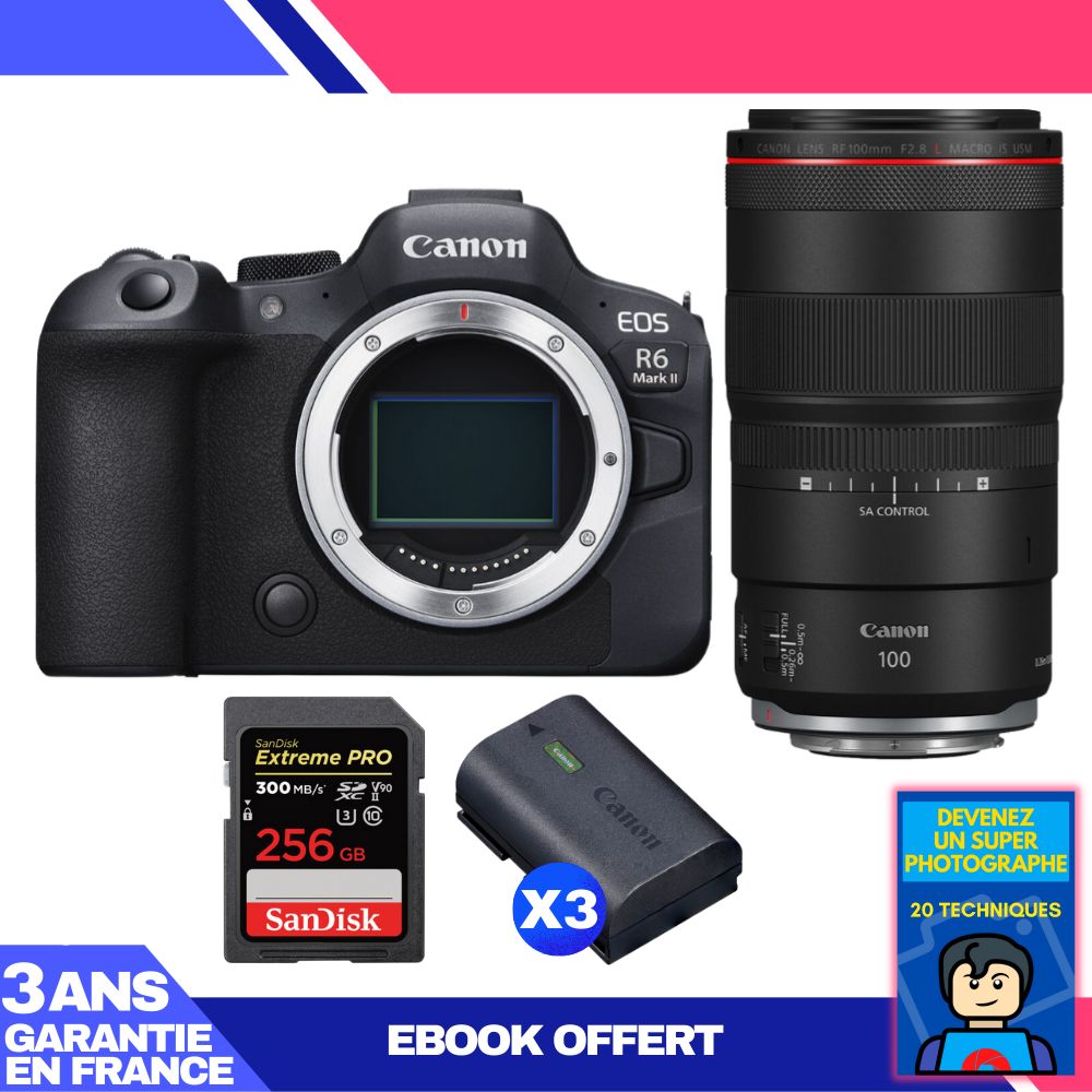 Canon EOS R6 Mark II + RF 100mm f/2.8 L Macro IS USM + 1 SanDisk 256GB Extreme PRO UHS-II SDXC 300MB/s + 3 Canon LP-E6NH + Ebook 'Devenez Un Super Photographe