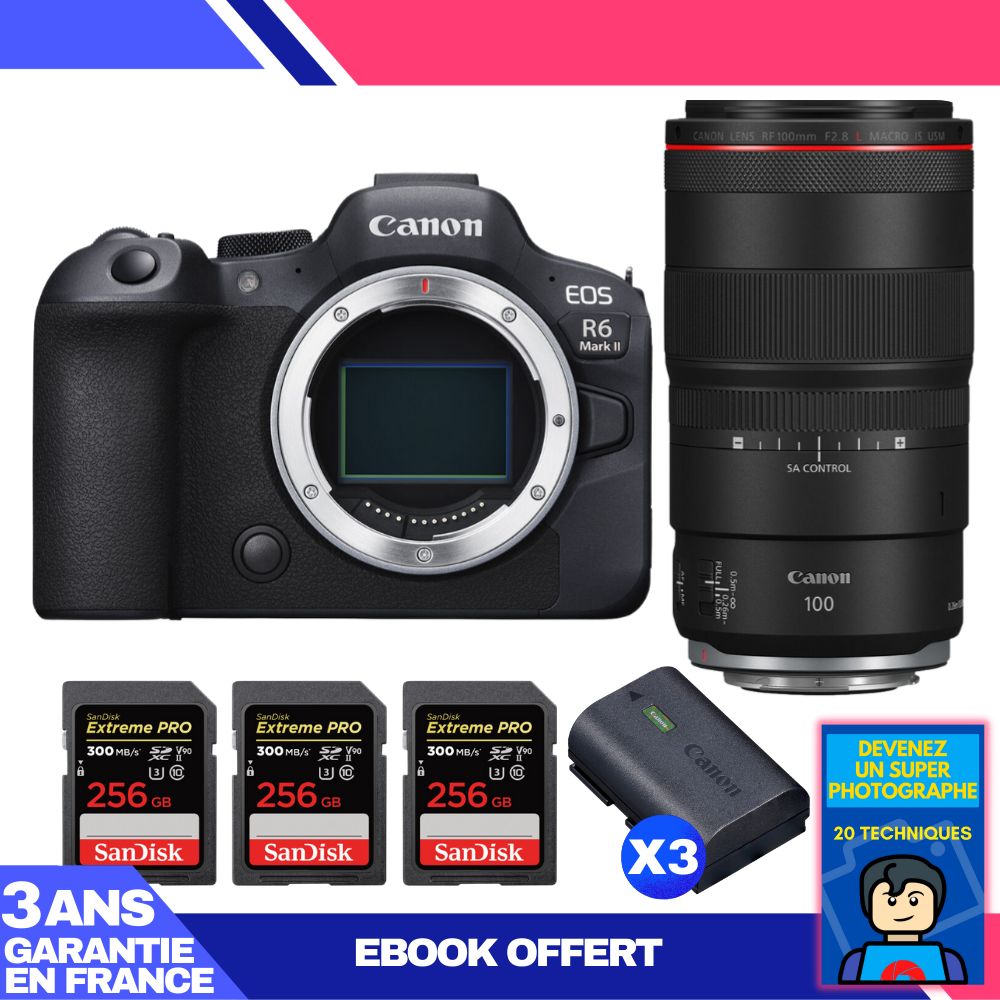 Canon EOS R6 Mark II Camera Kit with RF 100mm f/2.8 L Macro IS USM Lens and 3x 256GB SanDisk Extreme PRO UHS-II SDXC Cards