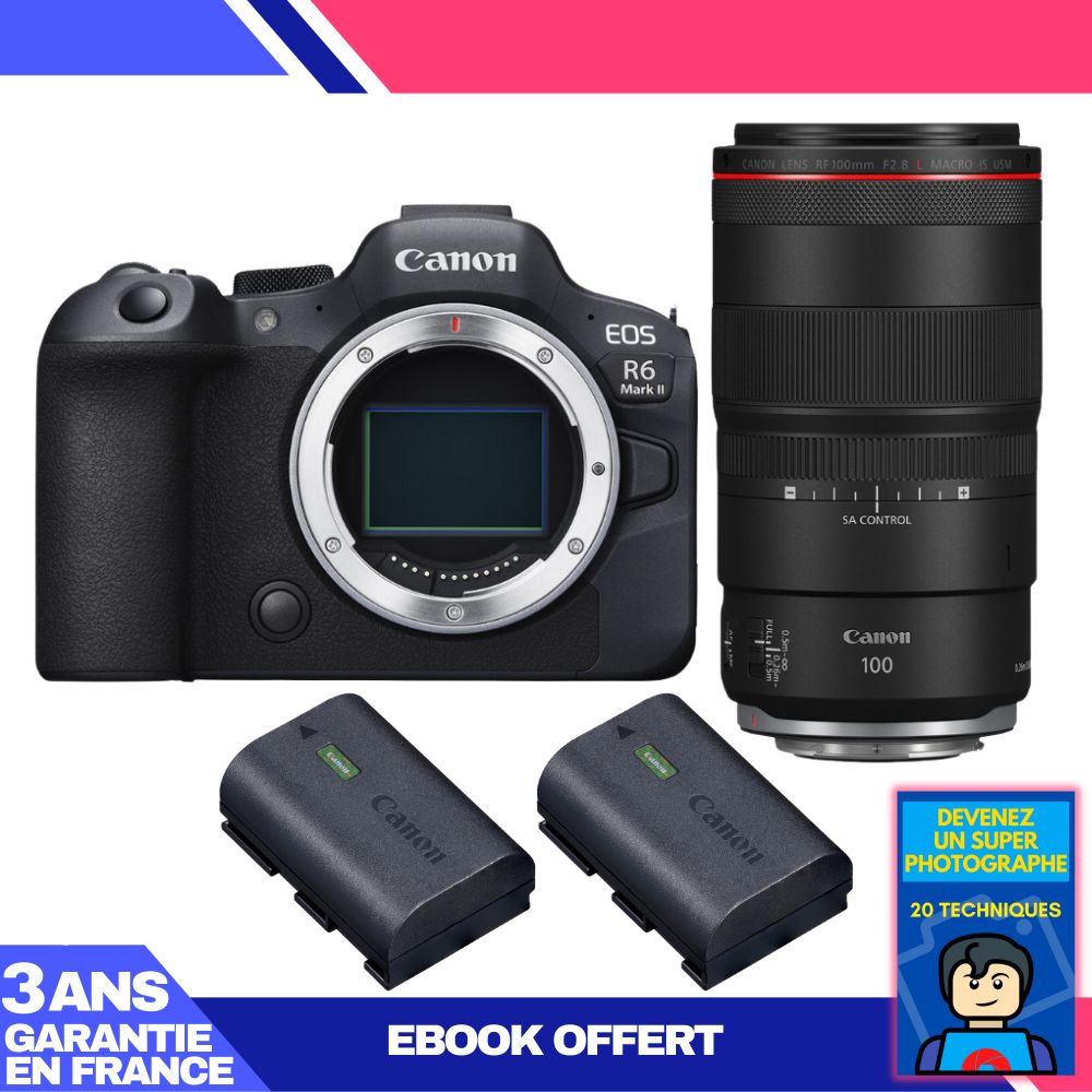 Canon EOS R6 Mark II + RF 100mm f/2.8 L Macro IS USM + 2 Canon LP-E6NH + Ebook 'Devenez Un Super Photographe'