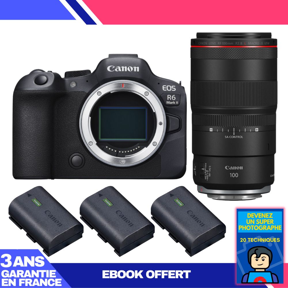 Canon EOS R6 Mark II + RF 100mm f/2.8 L Macro IS USM Lens + 3 LP-E6NH Batteries + 'Become a Super Photographer' Ebook