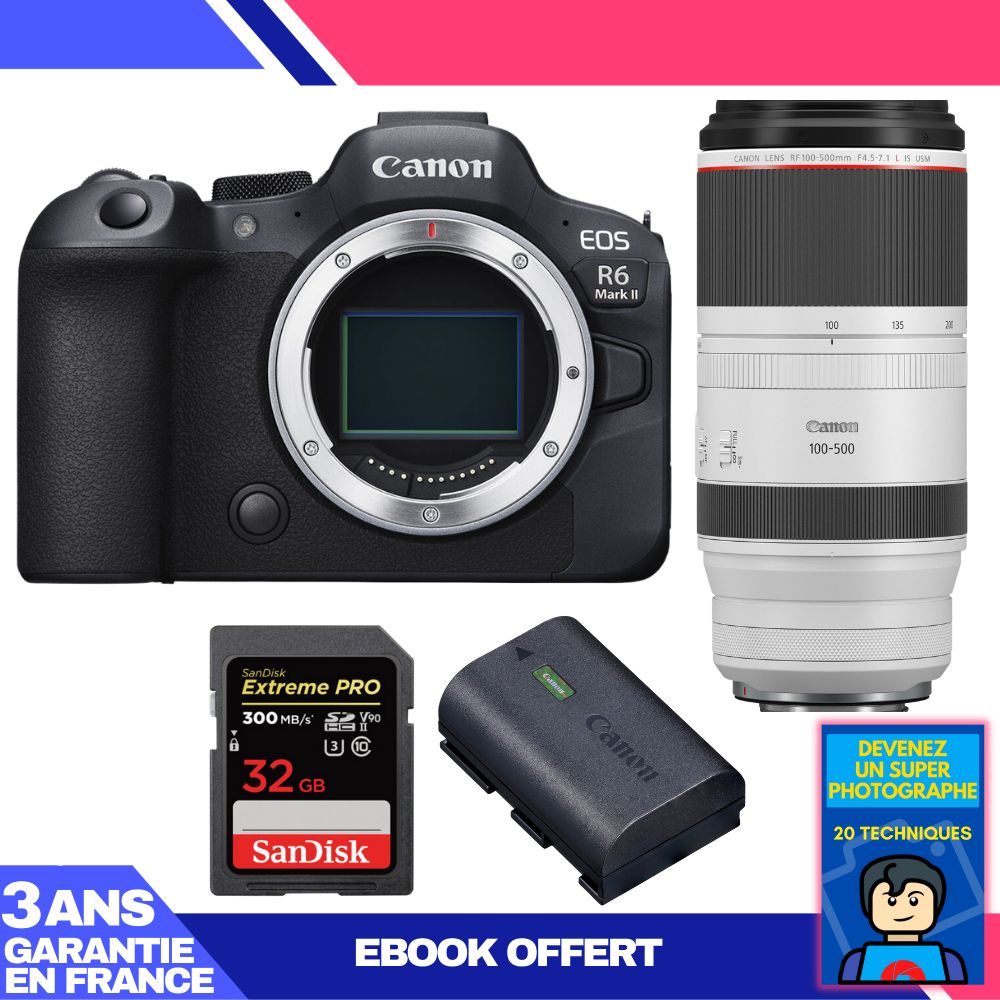 Canon EOS R6 Mark II + RF 100-500mm f/4.5-7.1 L IS USM Lens + 2x SanDisk 32GB Extreme PRO UHS-II SDXC Cards + Canon LP-E6NH Battery + 'Become a Super Photographer' Ebook
