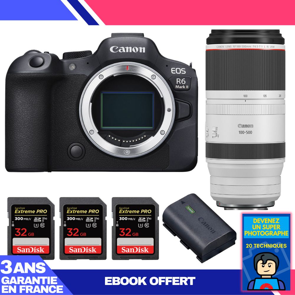 Canon EOS R6 Mark II Camera Kit with RF 100-500mm f/4.5-7.1 L IS USM Lens + 3 SanDisk 32GB Extreme PRO UHS-II SDXC Cards + LP-E6NH Battery