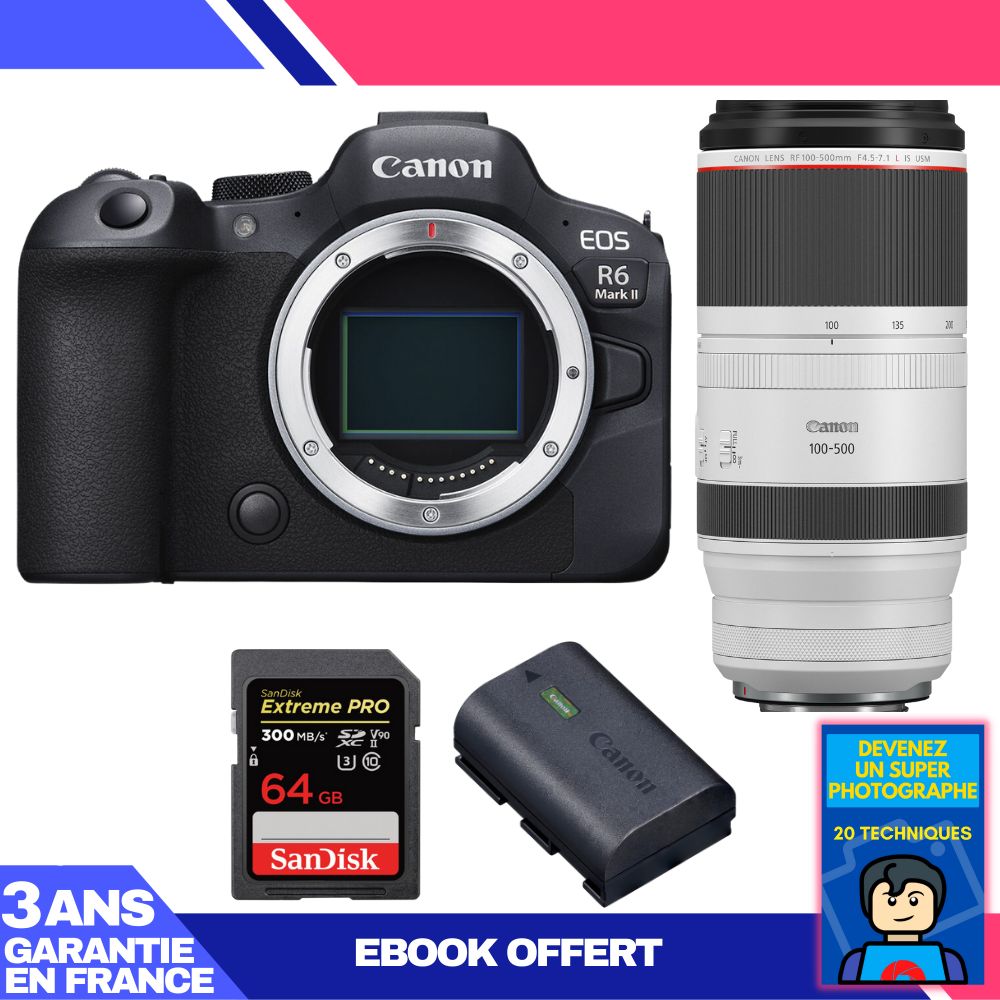 Canon EOS R6 Mark II + RF 100-500mm f/4.5-7.1 L IS USM Lens + 2 SanDisk 64GB Extreme PRO UHS-II SDXC Cards + Canon LP-E6NH Battery + 'Become a Super Photographer' Ebook