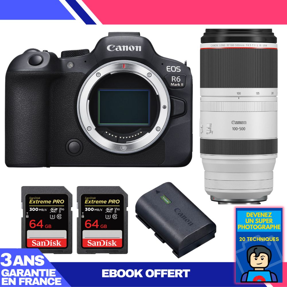 Canon EOS R6 Mark II + RF 100-500mm f/4.5-7.1 L IS USM Lens + 2 SanDisk 64GB Extreme PRO UHS-II SDXC Cards + Canon LP-E6NH Battery + 'Become a Super Photographer' Ebook
