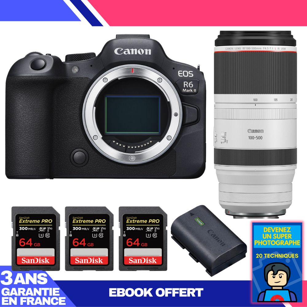 Canon EOS R6 Mark II + RF 100-500mm f/4.5-7.1 L IS USM Lens + 3 SanDisk 64GB Extreme PRO UHS-II SDXC Cards + LP-E6NH Battery + 'Become a Super Photographer' Ebook