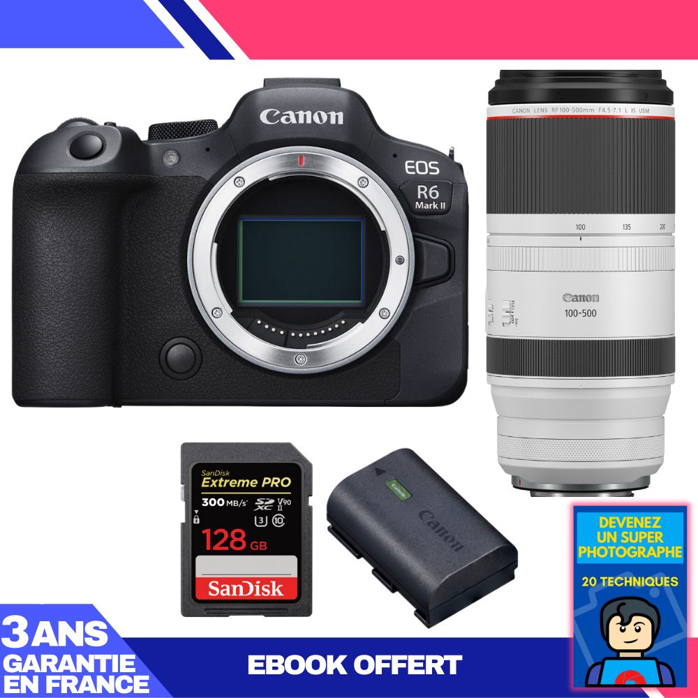 Canon EOS R6 Mark II + RF 100-500mm f/4.5-7.1 L IS USM Lens + 1 SanDisk 128GB Extreme PRO UHS-II SDXC Card + 1 Canon LP-E6NH Battery + 'Become a Super Photographer' Ebook