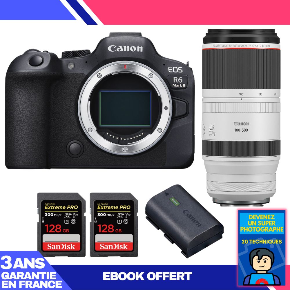 Canon EOS R6 Mark II + RF 100-500mm f/4.5-7.1 L IS USM Lens + 2 SanDisk 128GB Extreme PRO UHS-II SDXC Cards + Canon LP-E6NH Battery + Ebook 'Become a Super Photographer'